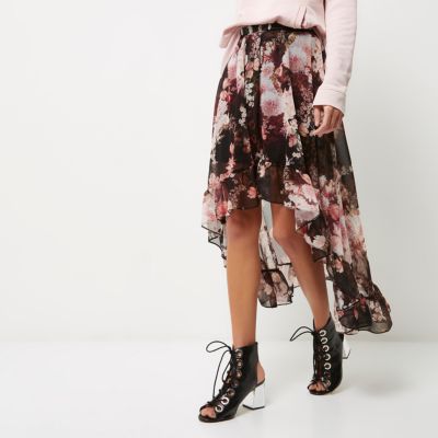 Black floral print asymmetric frill skirt